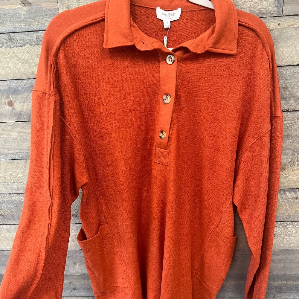 French Terry Collared Button Front Dress with Pockets and Raw Hem